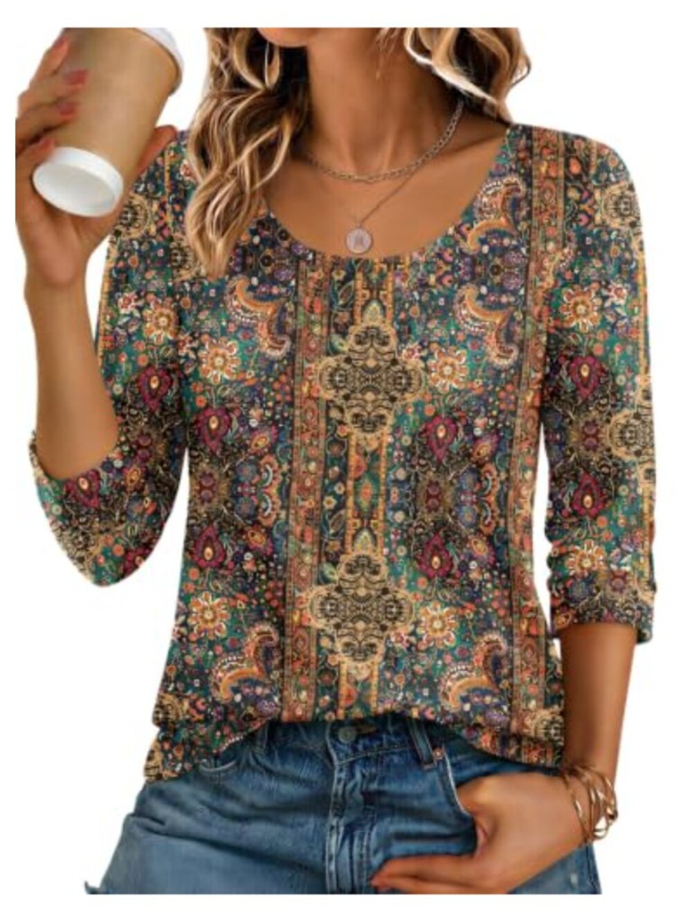 3/4 Sleeve Scoop Neck Casual Basic Tee Slim Fit Floral T-Shirt